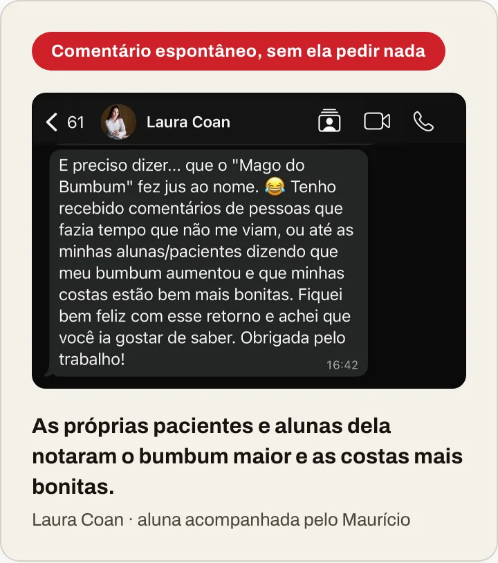 Print de WhatsApp de Laura Coan contando que as próprias pacientes e alunas dela notaram o bumbum maior e as costas mais bonitas