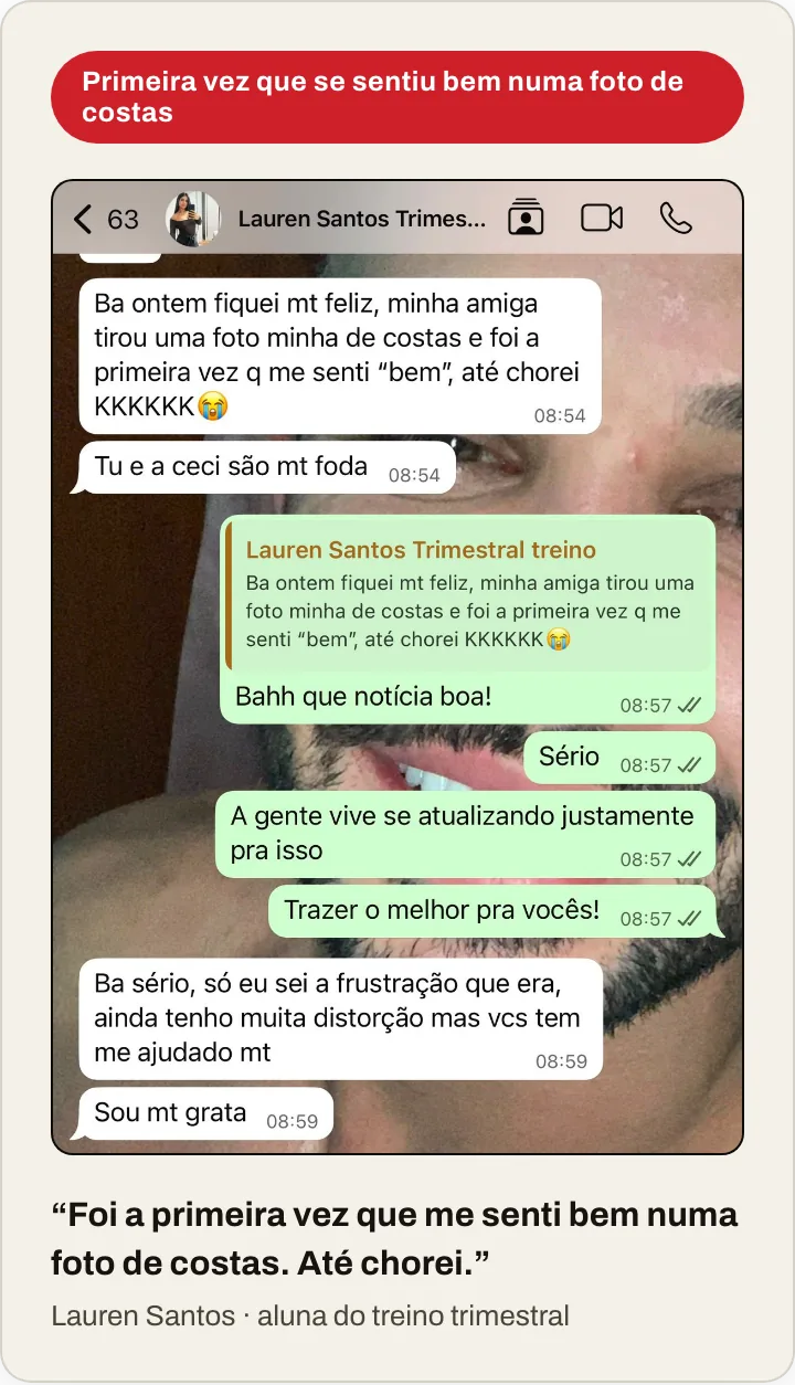 Print de WhatsApp de Lauren Santos dizendo que foi a primeira vez que se sentiu bem numa foto de costas